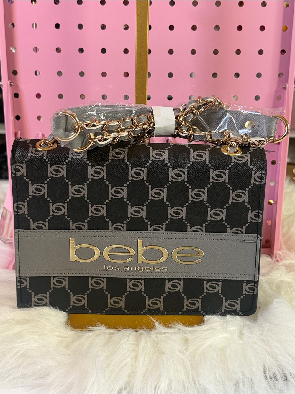 bebe Black & Gray Logo Chain Shoulder Bag